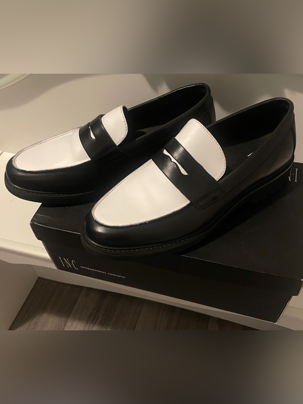 INC International Concepts Black and White Penny Loafers - Men
